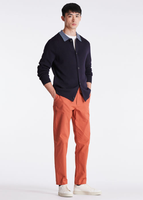 Model View - Men's Dark Navy Merino Wool Contrast Collar Cardigan Paul Smith