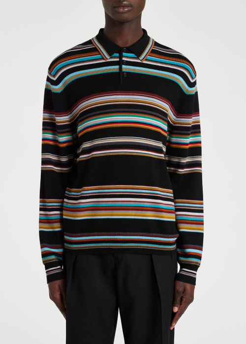 Model view - Men's Black Merino 'Signature Stripe' Knitted Polo Shirt Paul Smith