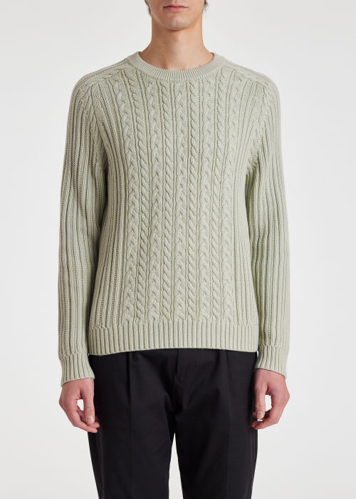 Men's Pale Green Cotton-Cashmere Cable Knit Sweater
