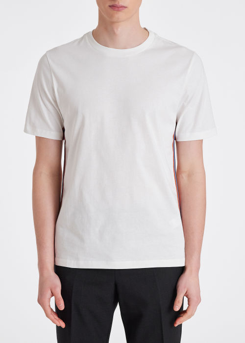 Model View - Men's White Cotton T-Shirt With 'Artist Stripe' Trim Paul Smith