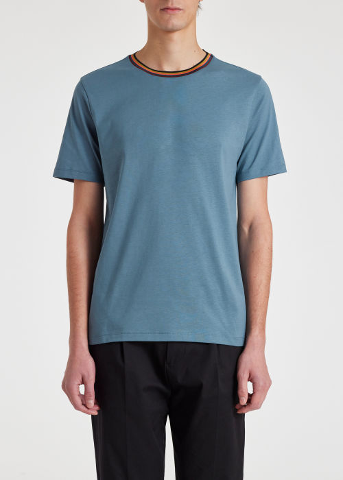 Model View - Powder Blue 'Artist Stripe' Collar T-Shirt Paul Smith