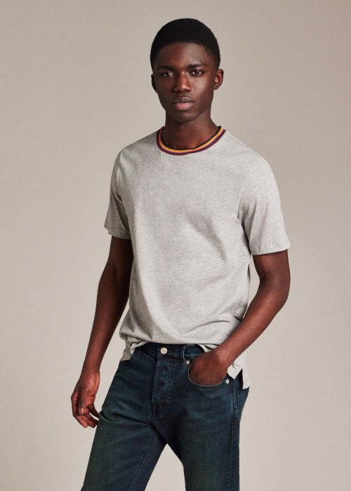 Model view - Men's Grey Marl 'Artist Stripe' Collar T-Shirt Paul Smith