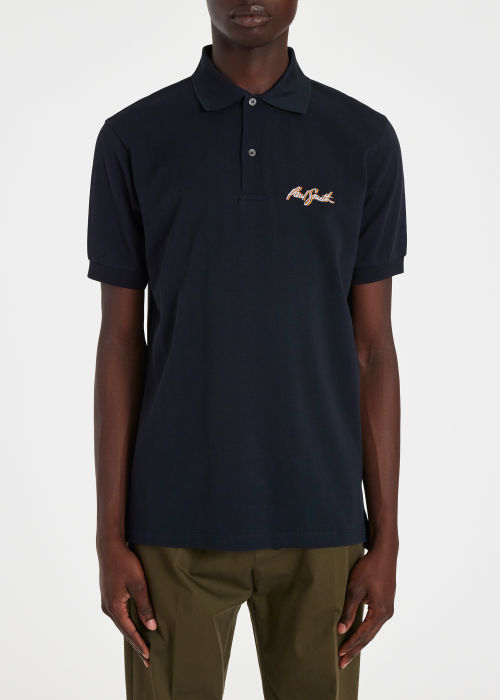 Model View - Men's Navy Embroidered Shadow Logo Cotton Polo Shirt Paul Smith