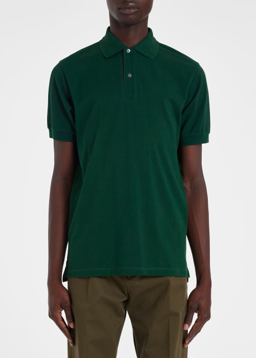 Model View - Men's Dark Green Cotton 'Artist Stripe' Placket Polo Shirt Paul Smith