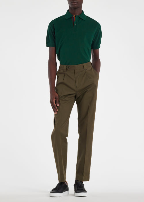 Model View - Men's Dark Green Cotton 'Artist Stripe' Placket Polo Shirt Paul Smith