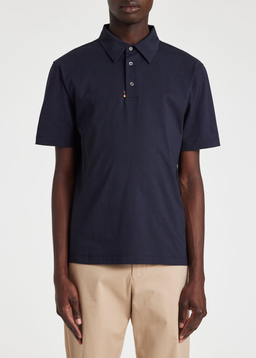 Model view - Men's Navy Jersey Polo Shirt with 'Artist Stripe' Tab Paul Smith