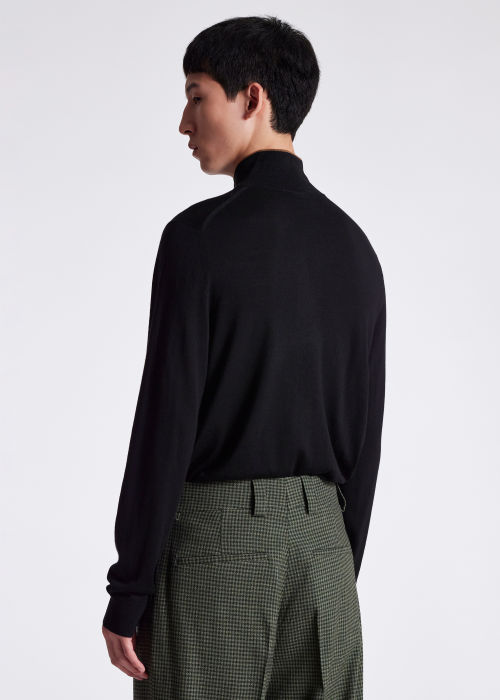 Model View - Men's Black Merino Wool Zip Cardigan