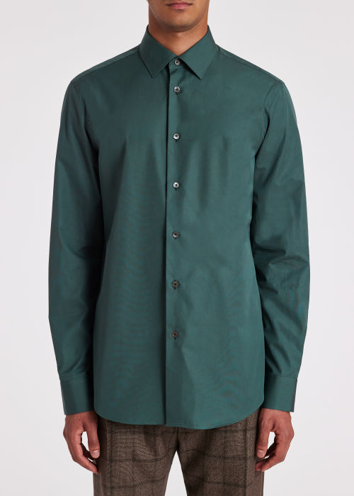 Model Wear - Men's Tailored-Fit Dark Green Cotton Poplin Shirt Paul Smith