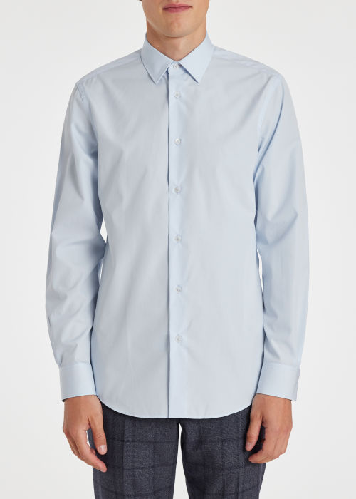 Model View - Tailored-Fit Sky Blue Cotton 'Artist Stripe' Cuff Shirt by Paul Smith