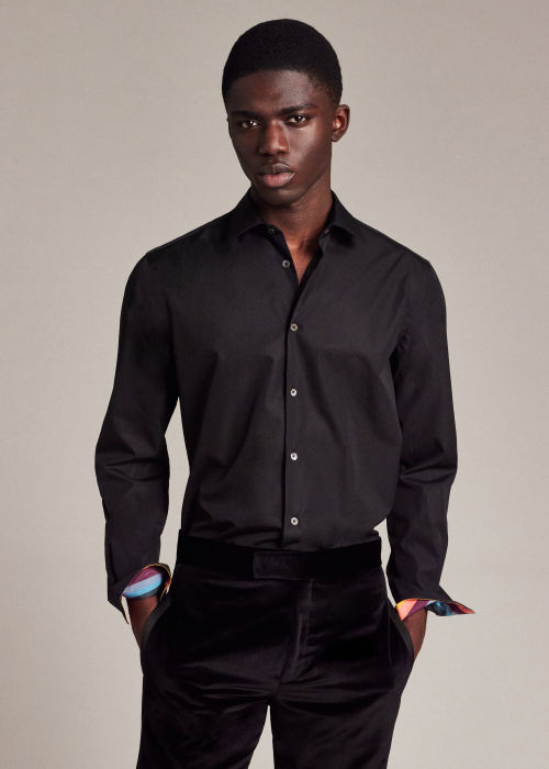 Model View - Tailored-Fit Black Cotton 'Artist Stripe' Cuff Shirt by Paul Smith