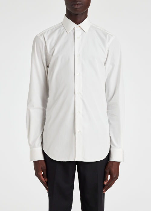 Model View - Men's Slim-Fit White Poplin Cotton Shirt With 'Artist Stripe' Cuff Lining