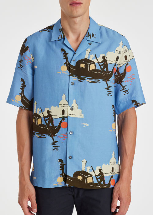 Model View - Men's Blue Linen-Blend 'Gondola' Short-Sleeve Shirt Paul Smith