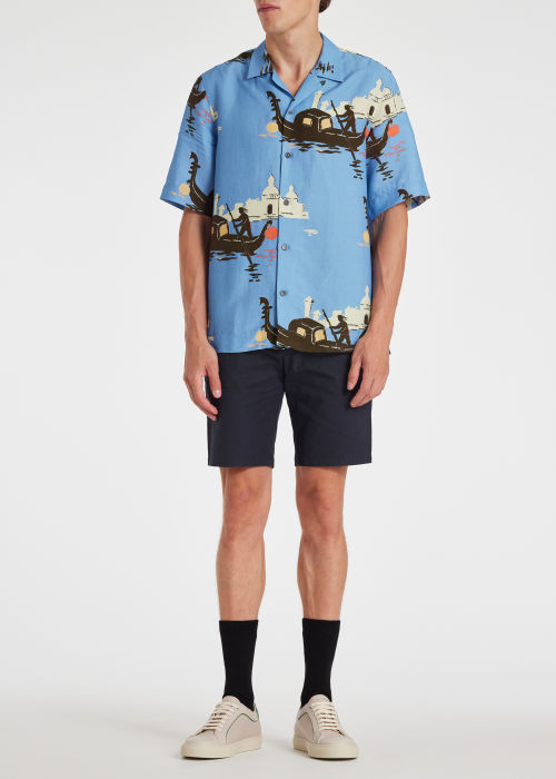Model View - Men's Blue Linen-Blend 'Gondola' Short-Sleeve Shirt Paul Smith