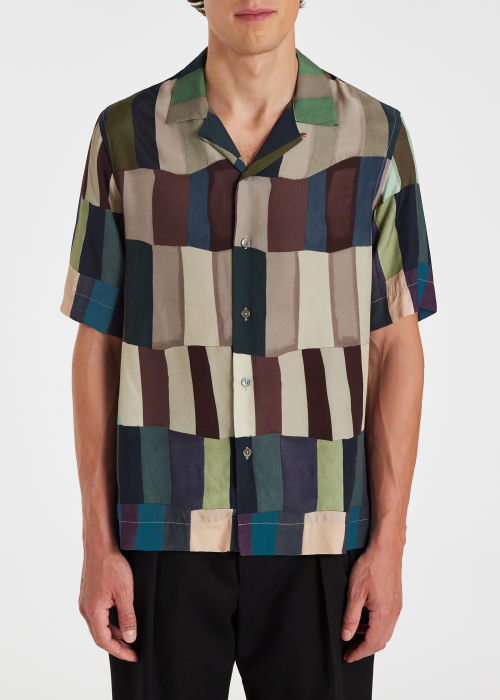 Model View - Men's Viscose 'Overlapping Check' Print Shirt