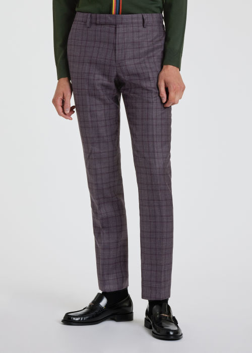 Model View - Slim-Fit Damson 'Summertime Check' Wool-Blend Trousers Paul Smith