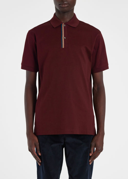 Model View - Men's Burgundy Cotton 'Signature Stripe' Trim Polo Shirt