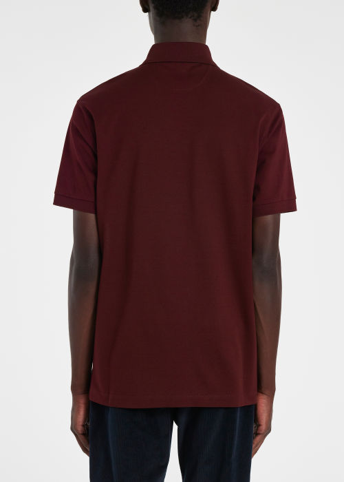 Model View - Men's Burgundy Cotton 'Signature Stripe' Trim Polo Shirt