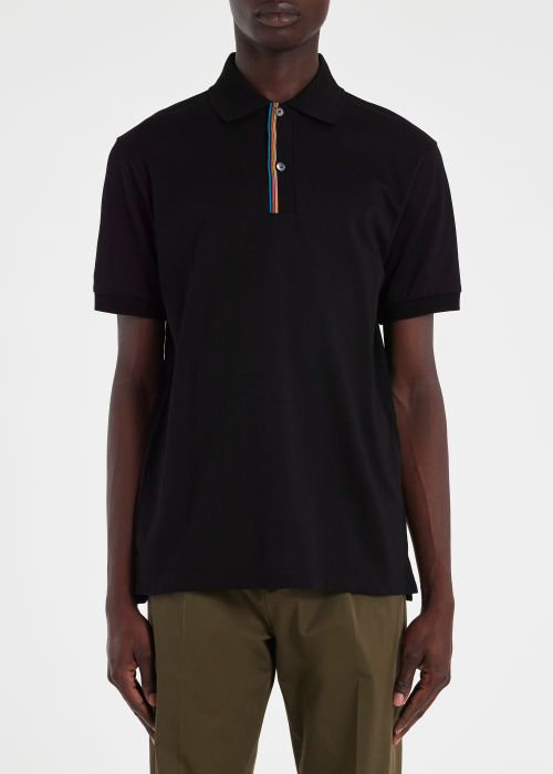 Model View - Black 'Signature Stripe' Trim Polo Shirt Paul Smith