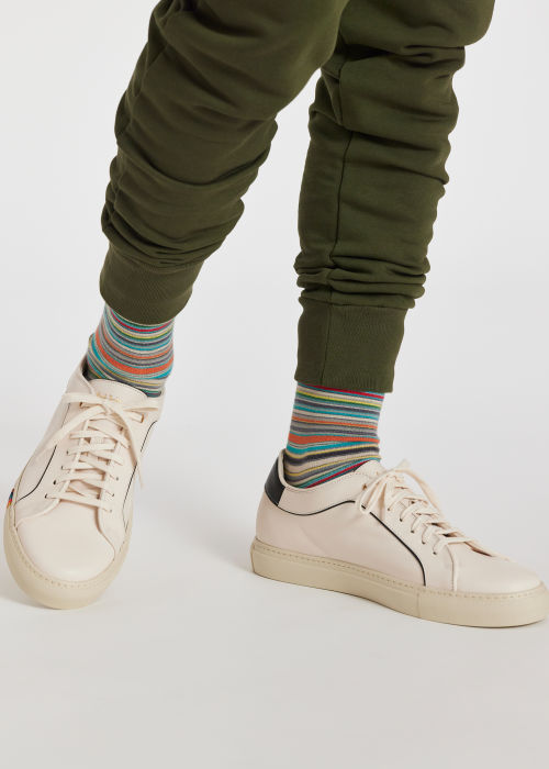 Model View - White 'Basso' Trainers With Green Trim Paul Smith