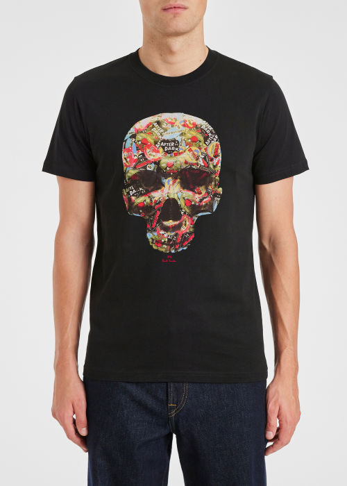 Model view - Men's Slim-Fit Black 'Sticker Skull' Print T-Shirt Paul Smith