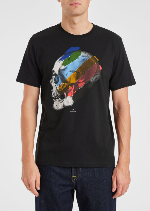 Model view - Black 'Stripe Skull' Print T-Shirt Paul Smith