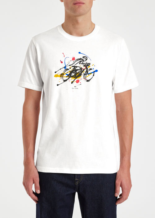 Model view - Men's White 'Cyclist Sketch' Print Cotton T-Shirt Paul Smith