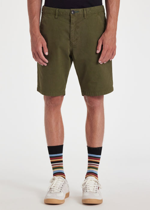 Model View - Men's Olive Green Cotton-Twill 'Broad Stripe Zebra' Shorts