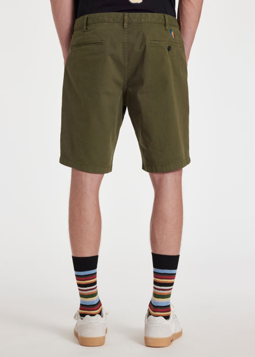 Model View - Men's Olive Green Cotton-Twill 'Broad Stripe Zebra' Shorts