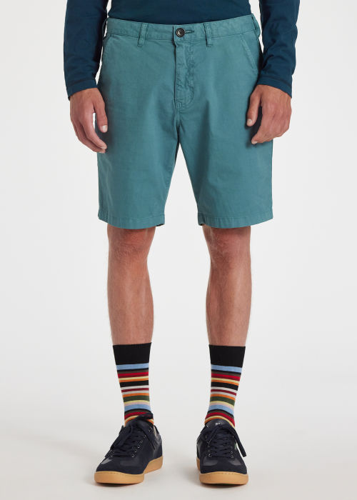 Model View - Men's Blue Cotton-Twill 'Broad Stripe Zebra' Shorts Paul Smith