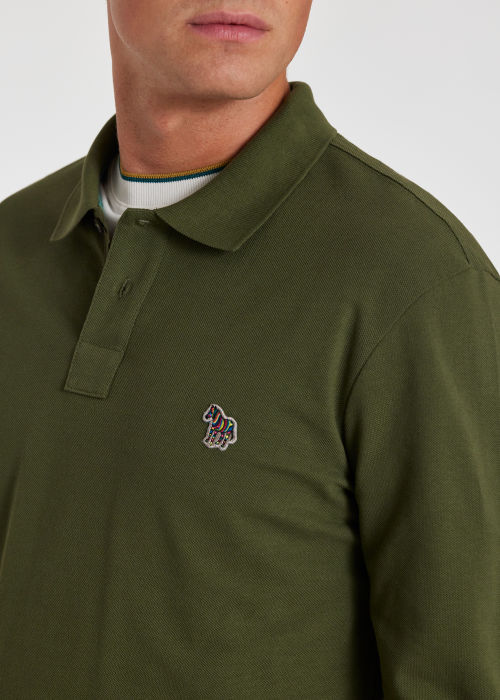 Model View - Khaki Organic Cotton Long-Sleeve Zebra Logo Polo Shirt Paul Smith