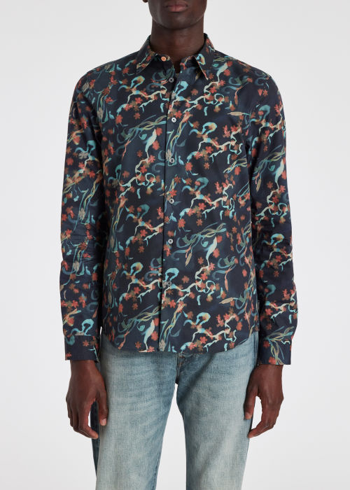 Model Wear - Men's Tailored-Fit Navy Cotton 'Wetlands' Shirt Paul Smith
