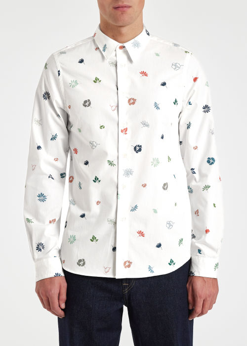 Men's White Organic Cotton Mixed Floral Print Shirt