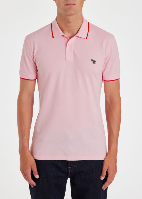 Model View - Slim-Fit Light Pink Zebra Logo Polo Shirt With White Tipping Paul Smith