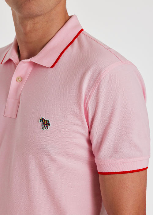 Model View - Slim-Fit Light Pink Zebra Logo Polo Shirt With White Tipping Paul Smith