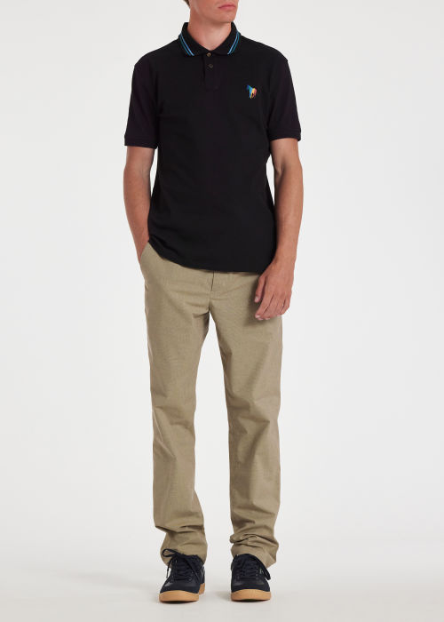 Model View - Men's Black Stretch-Cotton 'Broad Stripe Zebra' Polo Shirt Paul Smith