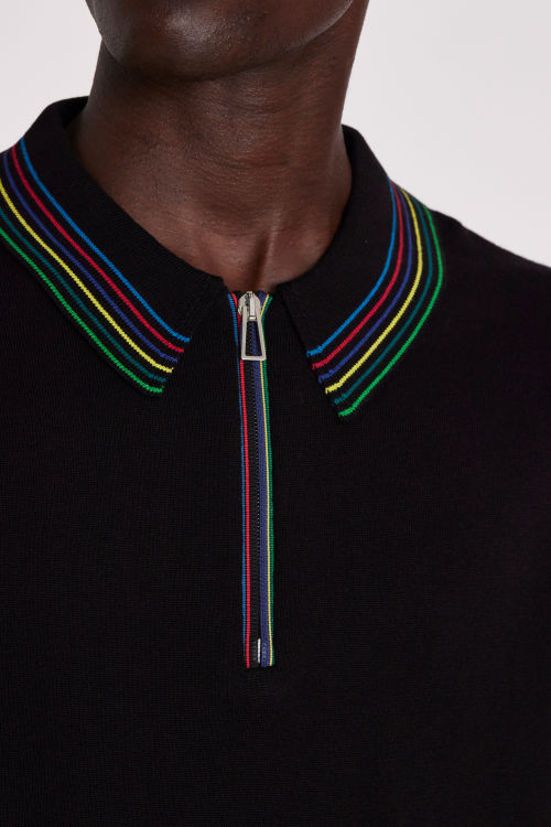 Model View - Men's Black Organic Cotton 'Sports Stripe' Zip Neck Polo Shirt Paul Smith