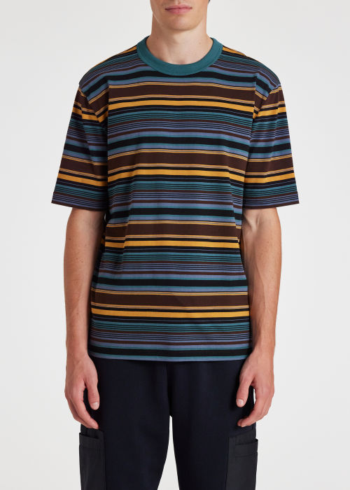 Model View - Men's Multi Colour Organic Cotton Stripe T-Shirt Paul Smith