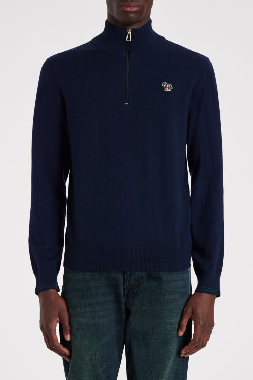Model View - Men's Navy Cotton-Blend Half Zip Zebra Logo Sweater Paul Smith