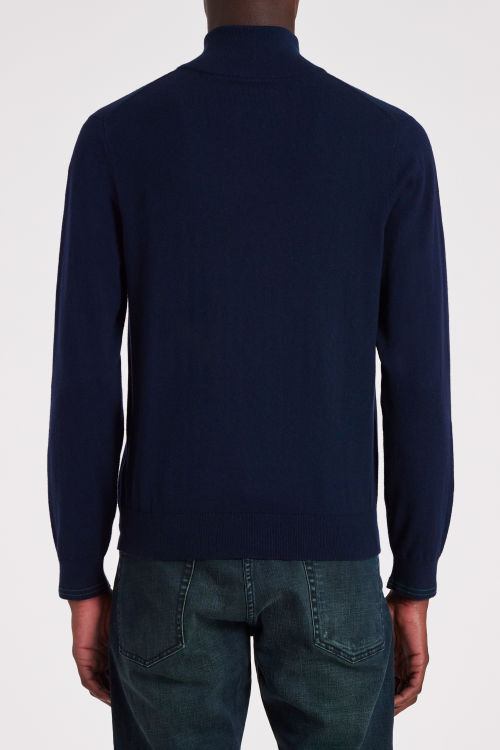 Model View - Men's Navy Cotton-Blend Half Zip Zebra Logo Sweater Paul Smith