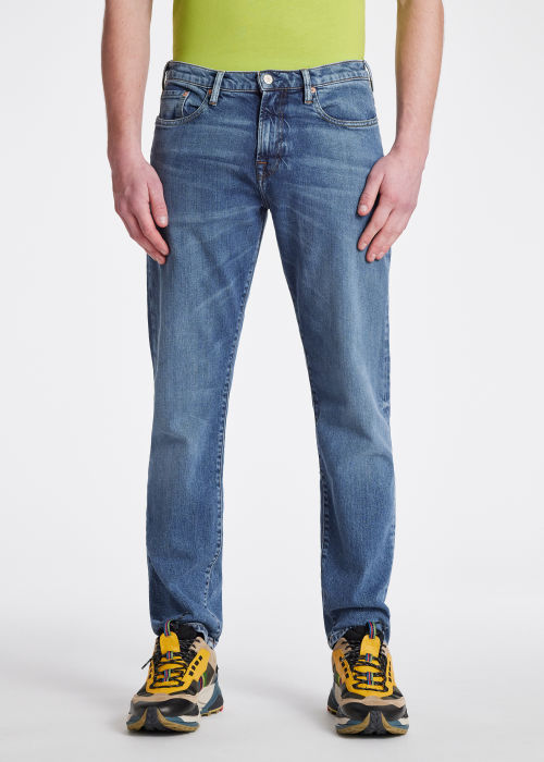 Model View - Men's Tapered-Fit Mid-Wash 'Organic Vintage Stretch' Jeans Paul Smith