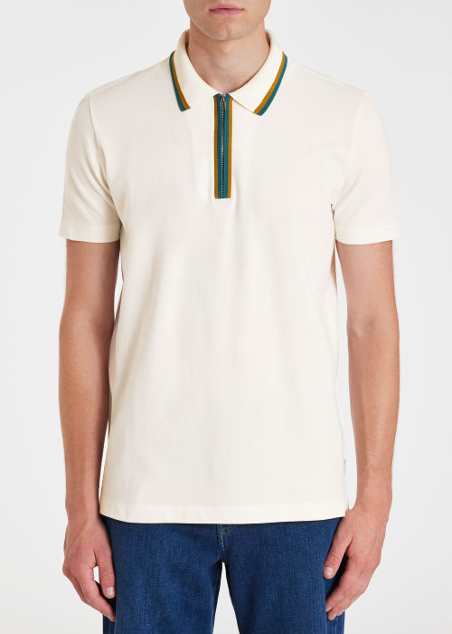 Model View - Men's Off White Zip Neck Stretch-Cotton Polo Shirt Paul Smith