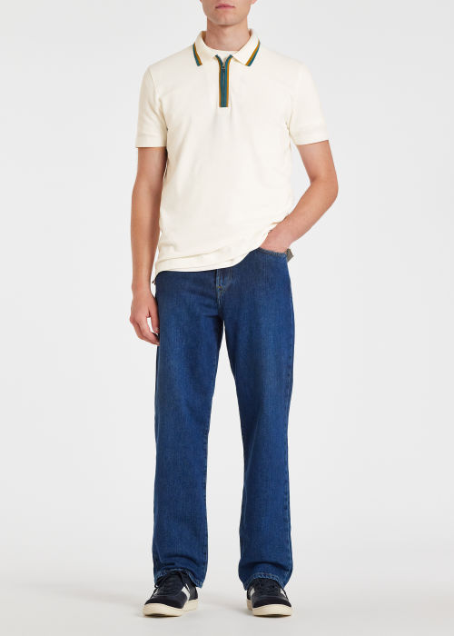 Model View - Men's Off White Zip Neck Stretch-Cotton Polo Shirt Paul Smith