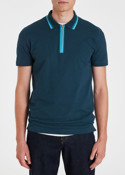 Model View - Men's Navy Zip Neck Stretch-Cotton Polo Shirt Paul Smith
