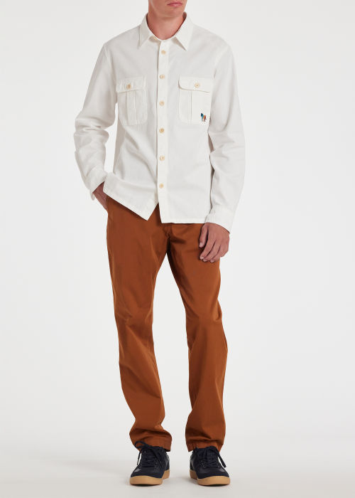 Model View - Men's Casual-Fit White Organic Cotton 'Broad Stripe Zebra' Overshirt Paul Smith