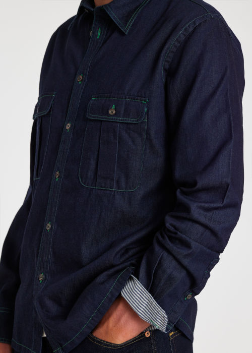 Model View - Men's Indigo-Rinse Denim Patch-Pocket Shirt Paul Smith