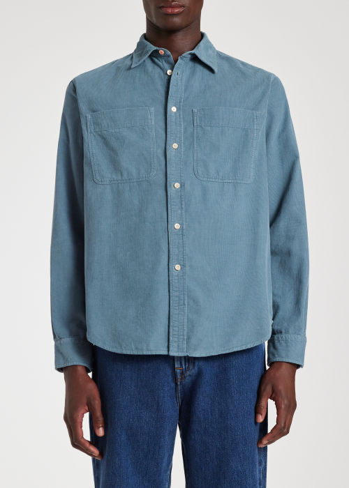 Men's Light Blue Corduroy Patch-Pocket Shirt
