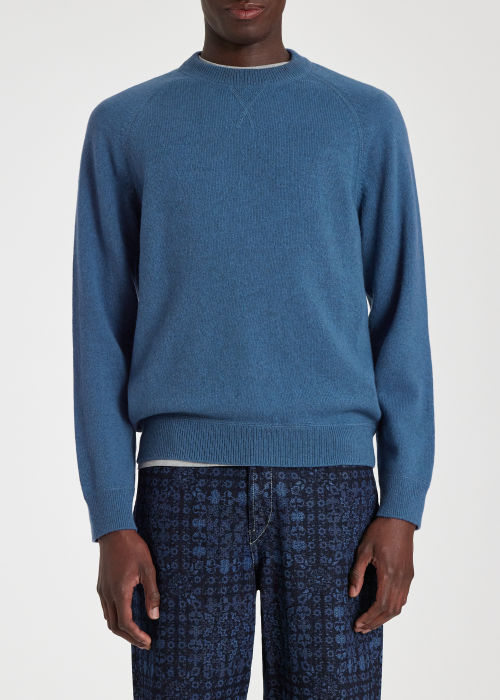 Model view - Men's Blue Merino Wool Raglan Sweater Paul Smith