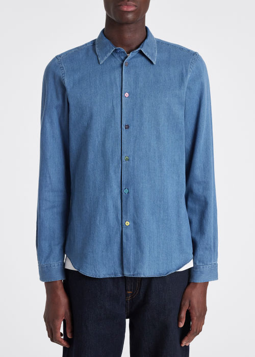 Model View - Men's Tailored-Fit Mid-Wash Denim Shirt With 'Sports Stripe' Buttons Paul Smith