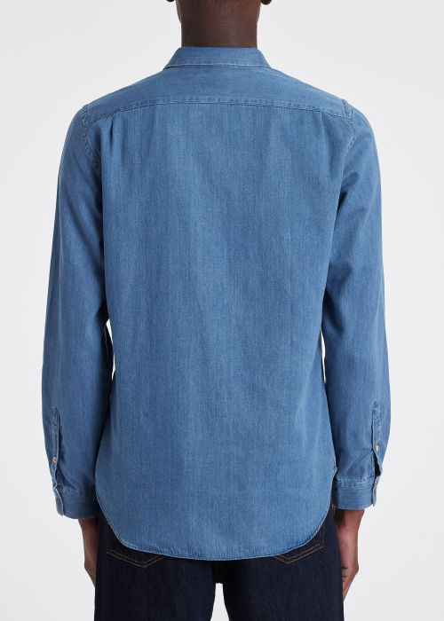 Model View - Men's Tailored-Fit Mid-Wash Denim Shirt With 'Sports Stripe' Buttons Paul Smith