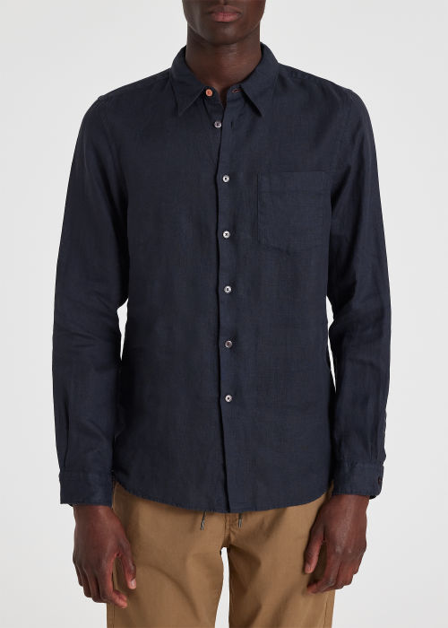 Model View - Men's Navy Tailored-Fit Linen Long-Sleeve Shirt Paul Smith